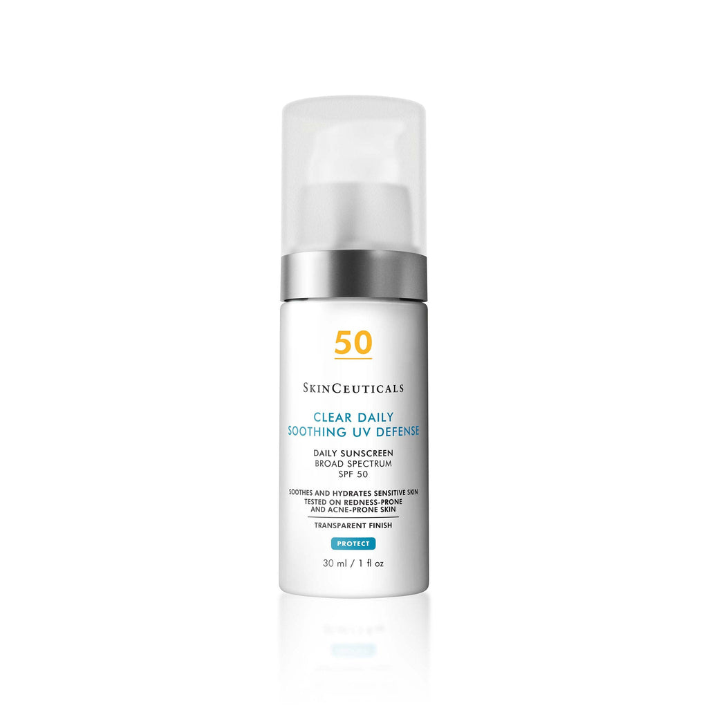 SkinCeuticals Clear Daily Soothing UV Defense sunscreen bottle on a white background