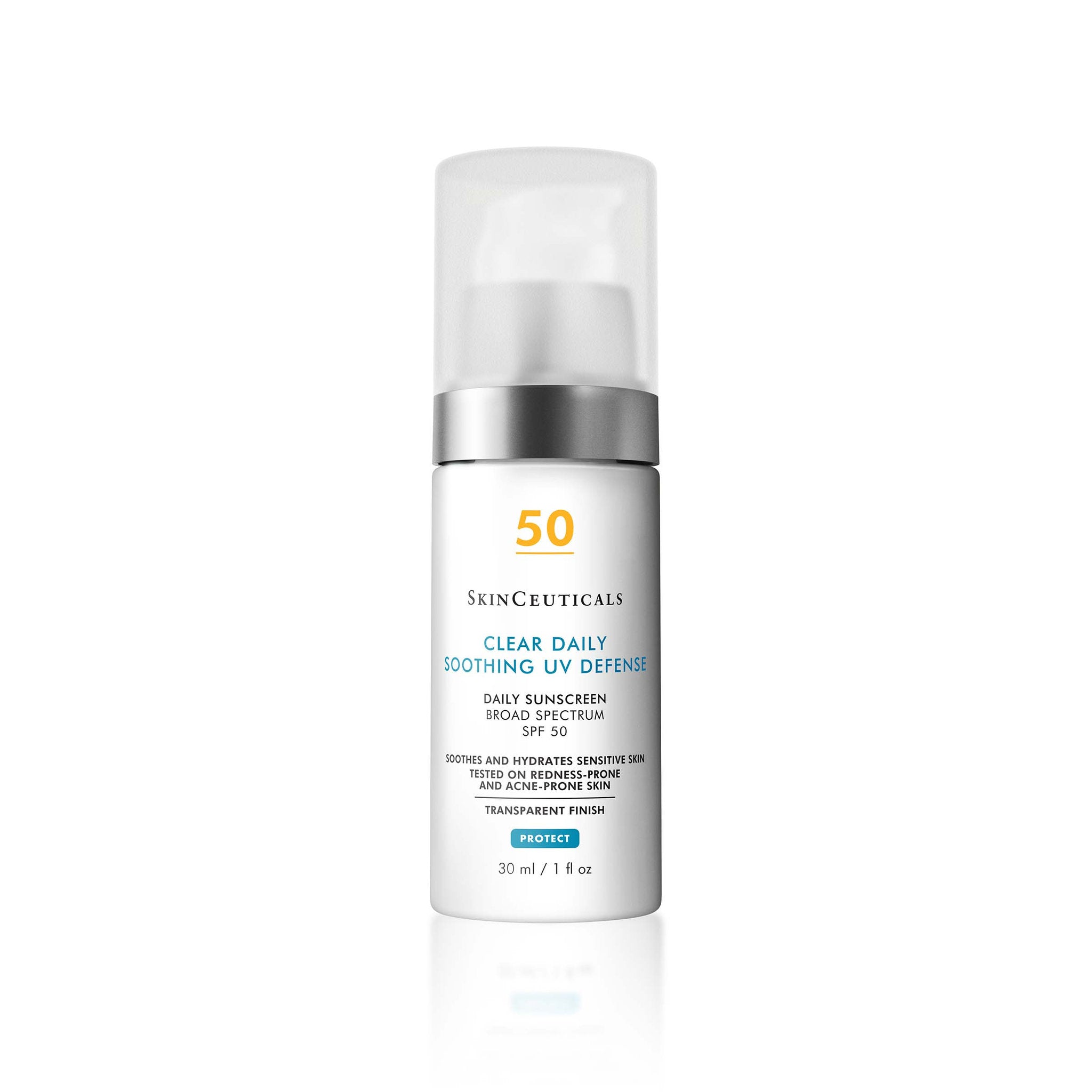SkinCeuticals Clear Daily Soothing UV Defense sunscreen bottle on a white background