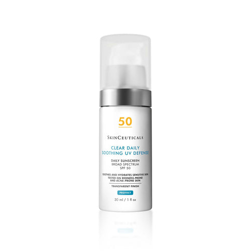 SkinCeuticals Clear Daily Soothing UV Defense sunscreen bottle on a white background