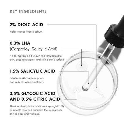 Skincare product with labeled key ingredients under a magnifying glass