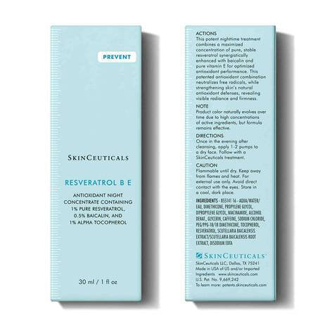 SkinCeuticals Resveratrol B E skincare product packaging with text on a white background